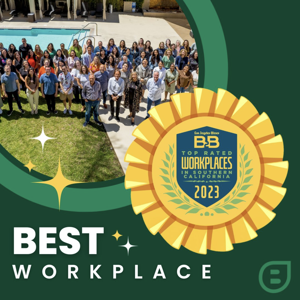 BDI employees group picture with the logo of Los Angeles Top Workplaces Award