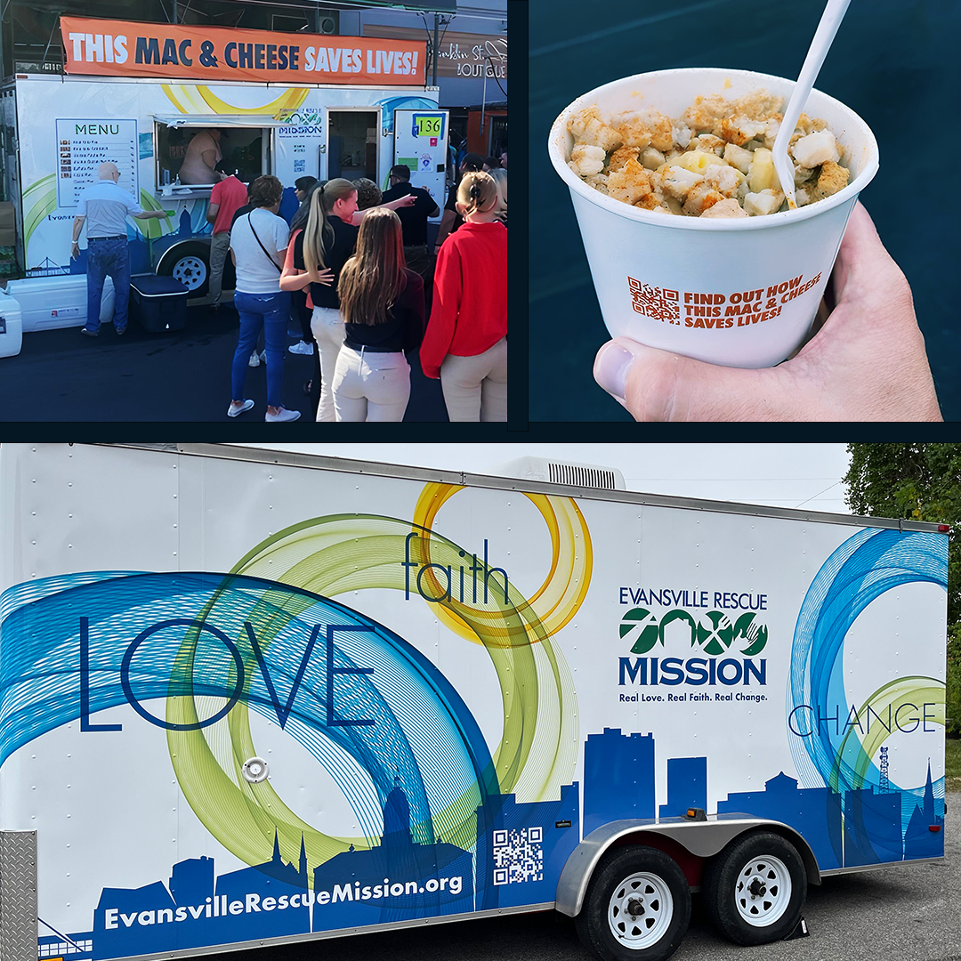 Evansville Integrated branded example showing cups and food truck with their brand