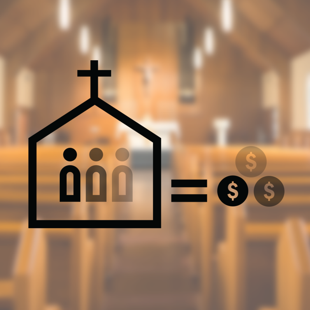 Background image of the inside of a church and a black icon of a church = dollars