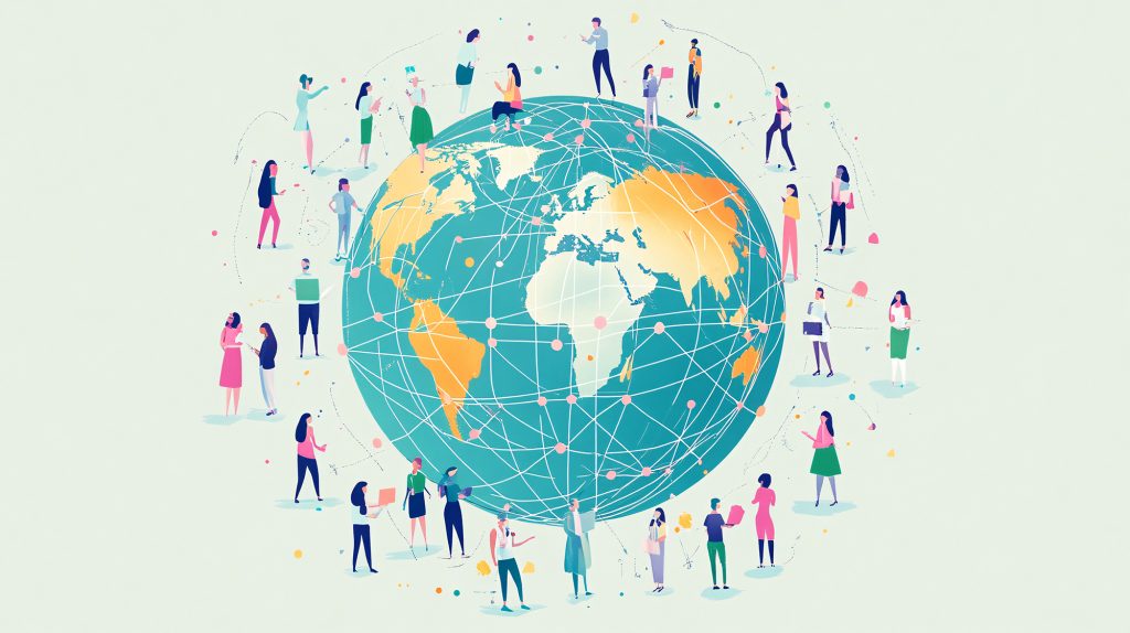 Professionals networking and collaborating globally, symbolizing international communication and interconnectedness